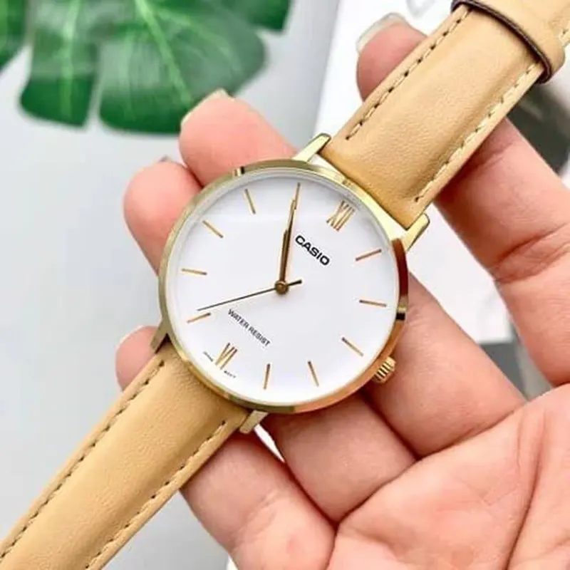 Casio Enticer Japan Quartz White Dial Leather Ladies Watch- LTP-VT01GL-7B